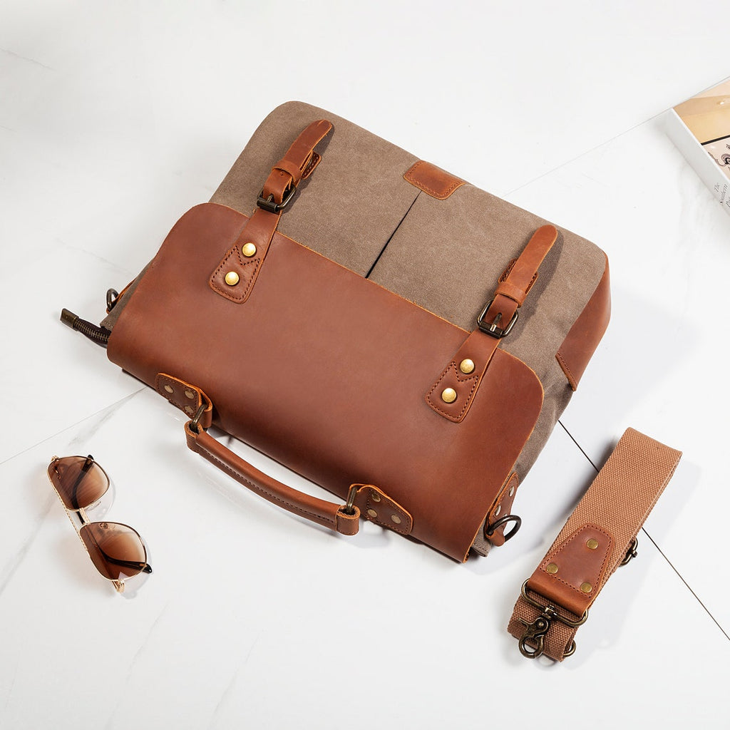 Personalized Full Grain Leather Canvas Messenger Bag Mens Waxed Canvas Briefcase Canvas Laptop Bag Satchel Bag Men