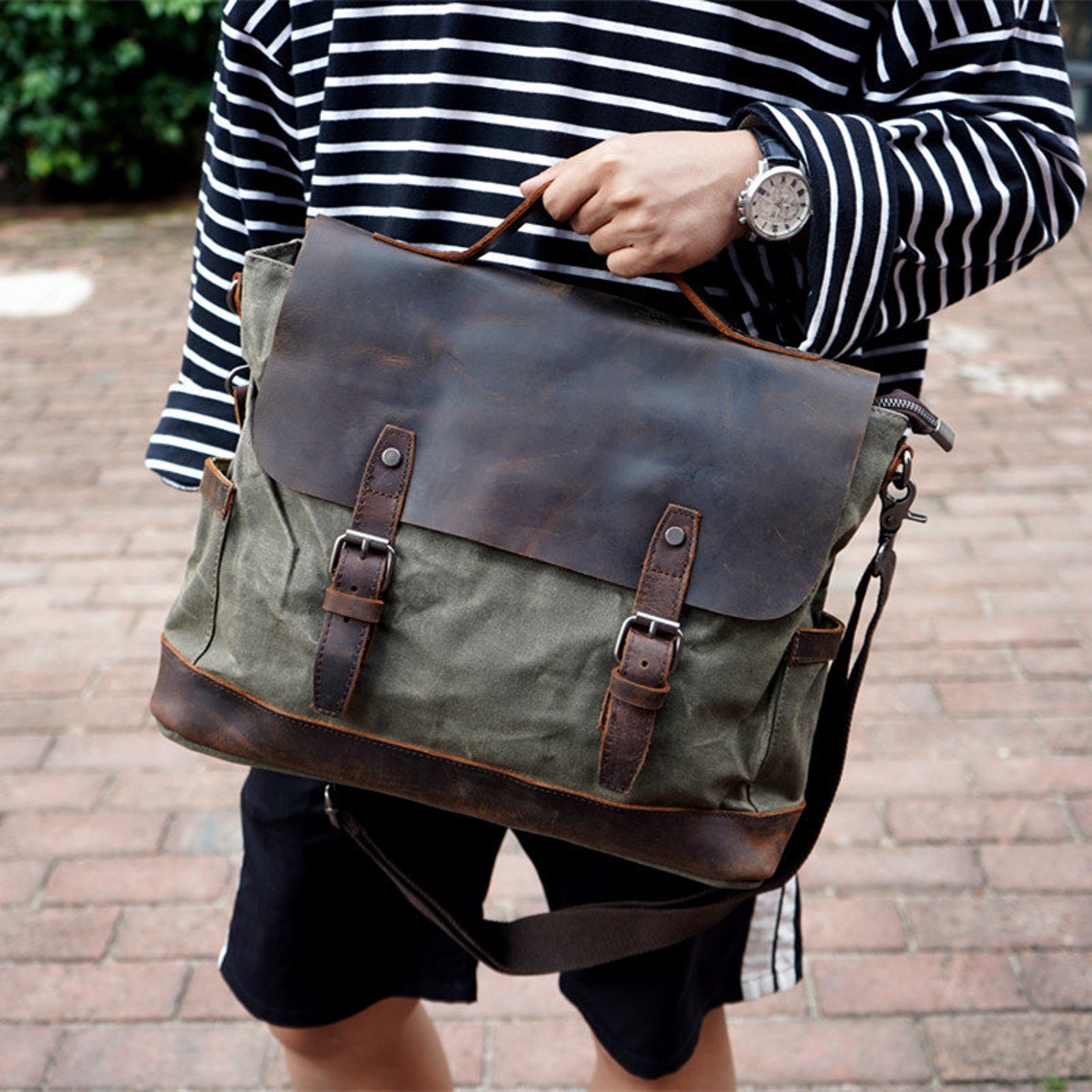Personalized Waxed Canvas Messenger Bag Men Satchel Briefcase Vintage LISABAG