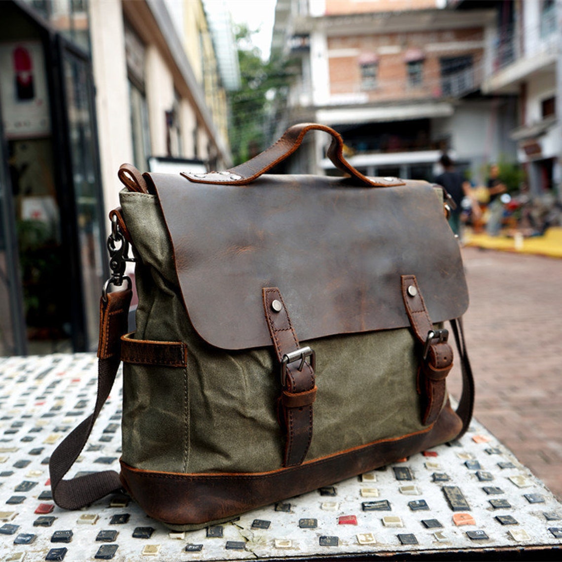 canvas leather messenger backpack Personalized Waxed Canvas Messenger Bag Men Satchel Briefcase Vintage Crossbody Bag Laptop Bag Unique Groomsmen Gifts Olive Green / Standard