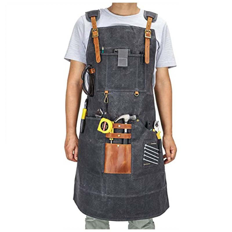 Personalized Waxed Canvas and Leather Work Apron with Pockets Heavy Duty Woodworking and Metalworking Apron Monogrammed Gift for Him