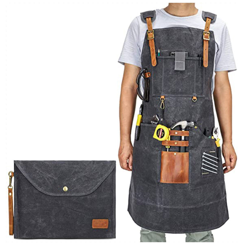 Personalized Waxed Canvas and Leather Work Apron with Pockets Heavy Duty Woodworking and Metalworking Apron Monogrammed Gift for Him