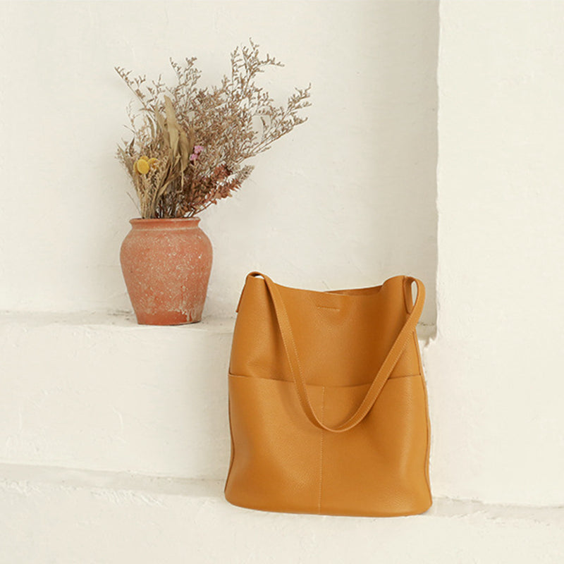 Soft Full Grain Leather Tote Bag For Ladies Genuine OAK Cowhide Simple Shoulder Bag Large Leather Handbag For Shopping