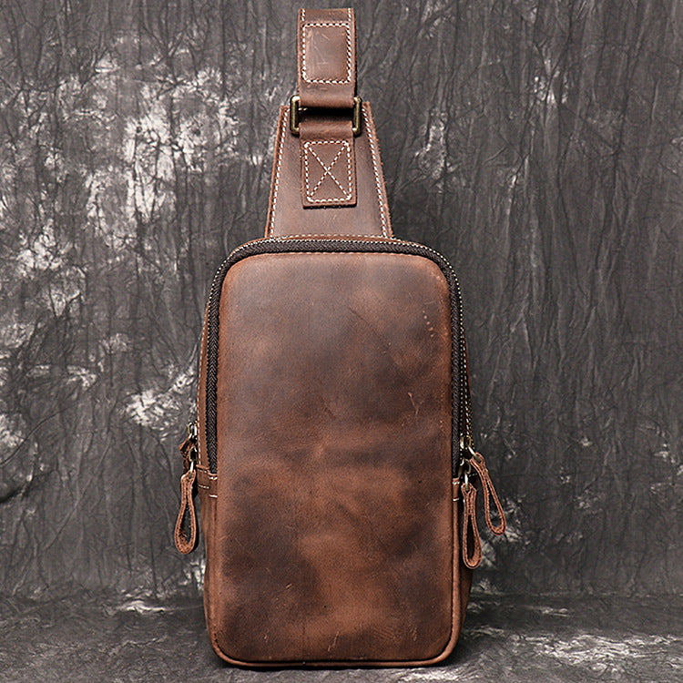 Full Grain Leather Chest Bag Retro Leather Crossbody Bag Handmade Mens  Leather Sling Bag