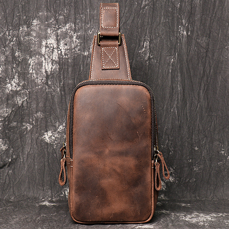 Crazy Horse Leather Sling Bag Vintage Leather Chest Bag Mens Crossbody Bag