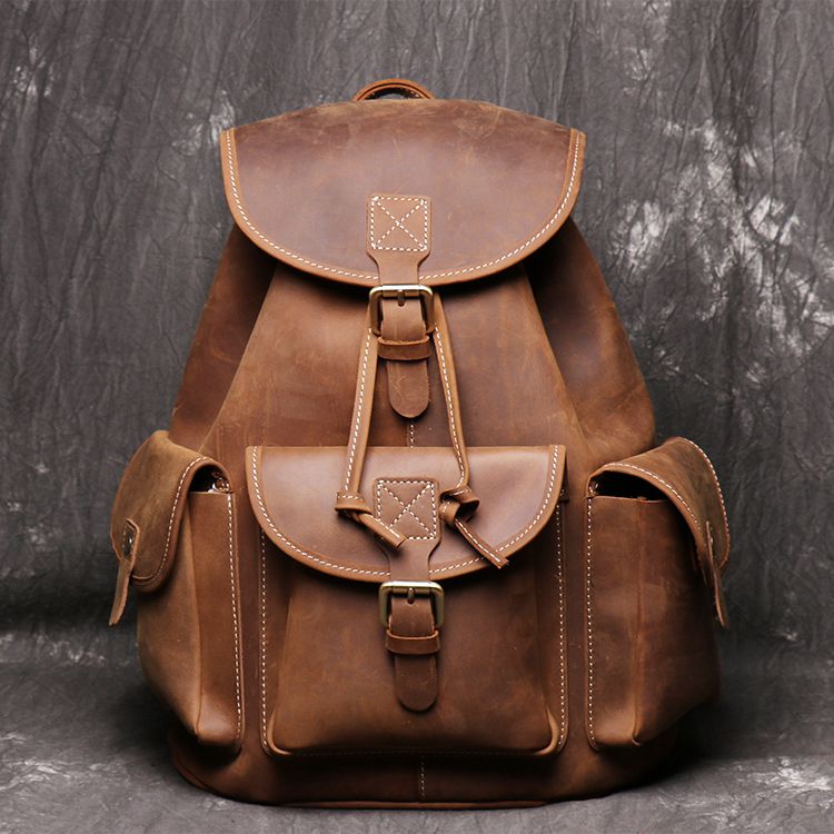 Unisex Full Grain Leather Backpack Women's Drawstring Backpack