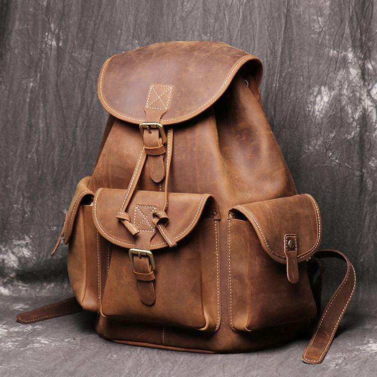 Leather Backpack Leather Shoulder Bag Drawstring Bag 