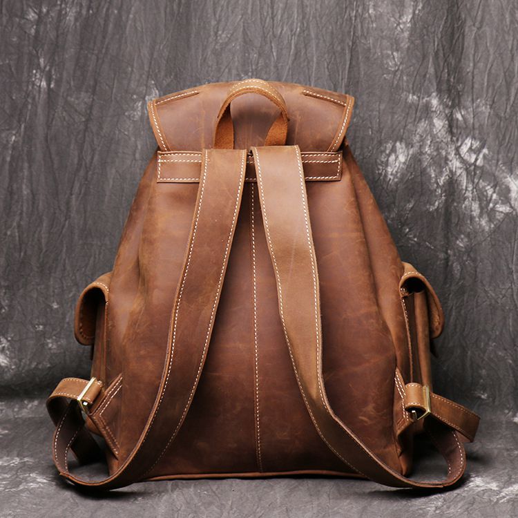Unisex Full Grain Leather Backpack Women's Drawstring Backpack Handmade Genuine Leather Large Laptop Bag Gifts For Christmas Dark Brown