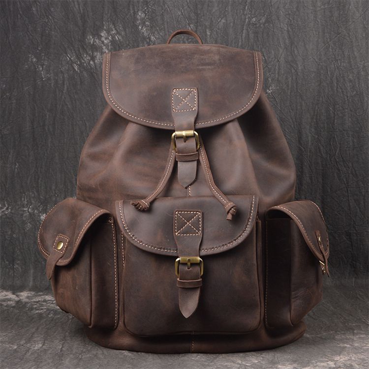 Unisex Full Grain Leather Backpack Women's Drawstring Backpack Handmade Genuine Leather Large Laptop Bag Gifts For Christmas Dark Brown