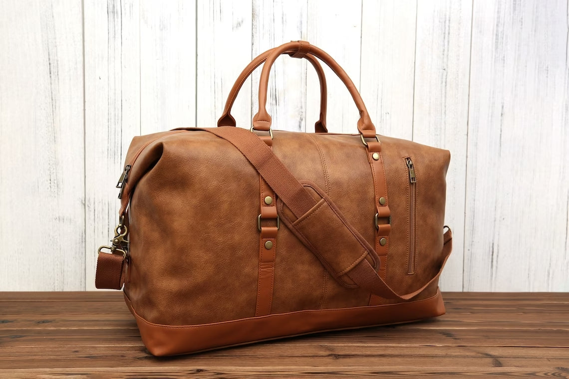 Vegan Leather Duffle Bag, Large Travel Bag, Mens Leather Weekend Bag,  Personalized Outdoor Bag, Holdall Bag, Best Gift For Him