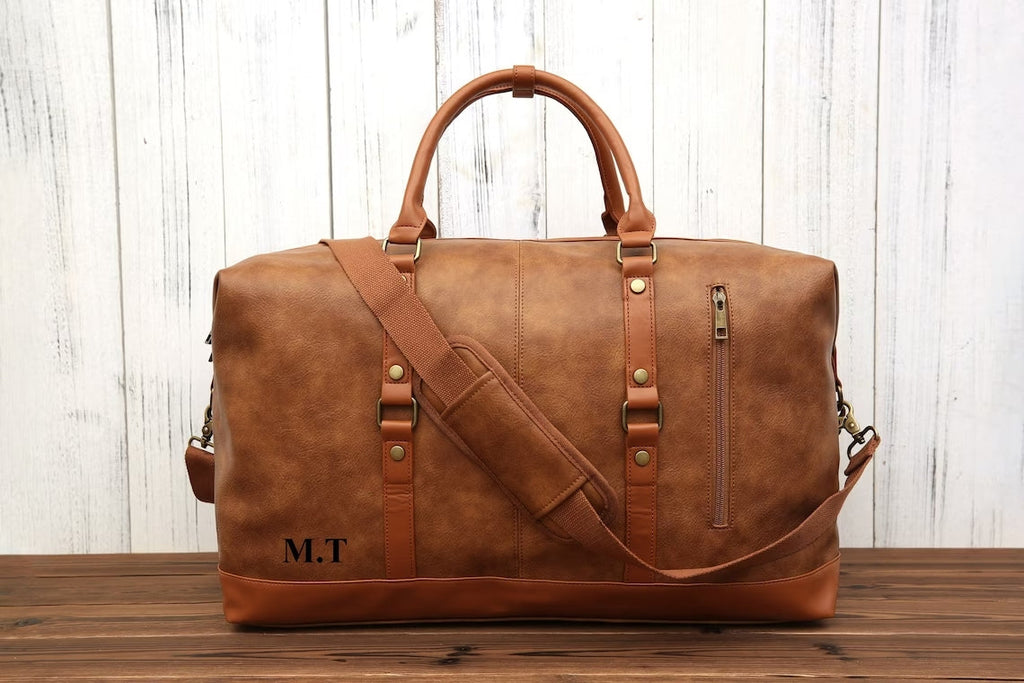 Personalized Vegan Leather Duffel Bag Unisex Weekender Bag Men’s Carry On Luggage Leather Travel With Camera Insert