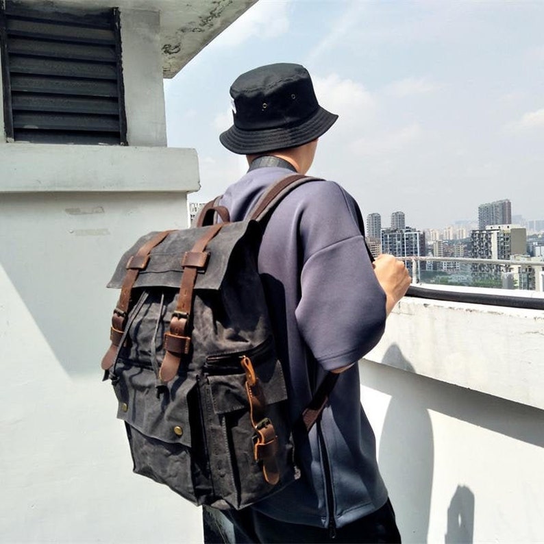 backpack men's travel Waxed Canvas School Backpack Large Capacity Travel Backpack Men's Hiking Rucksack Christmas Gifts Gray / No,Thanks