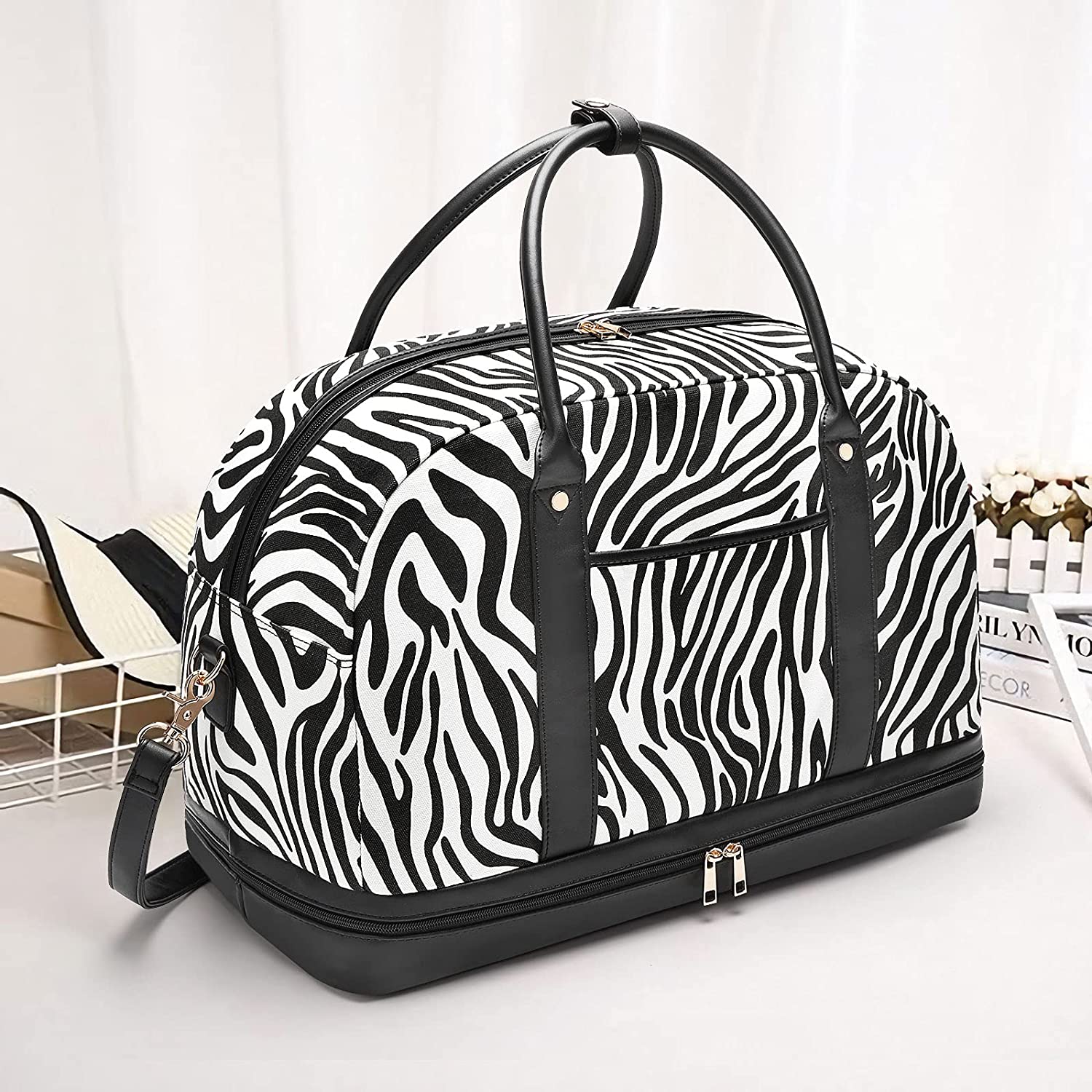 Women Stylish Canvas Travel Duffel Weekender Bag Overnight Bag Carry On  with Shoe Compartment and Free Toiletry bag HB-10 (Zebra Striped)