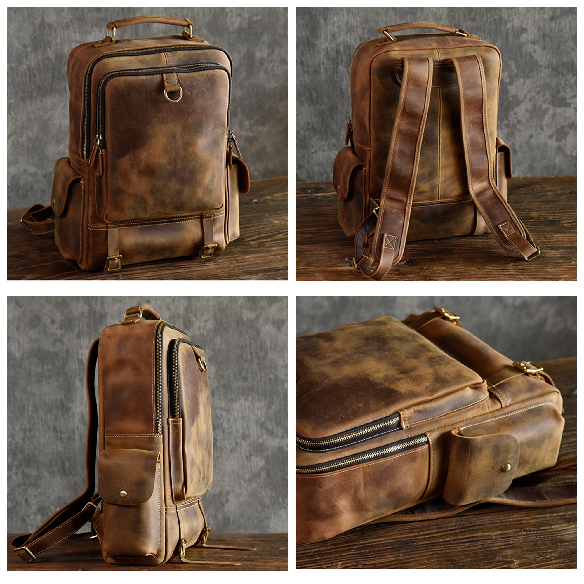 Crazy Horse Leather Backpack Men Laptop Backpack Handmade Travel Backp –  ROCKCOWLEATHERSTUDIO